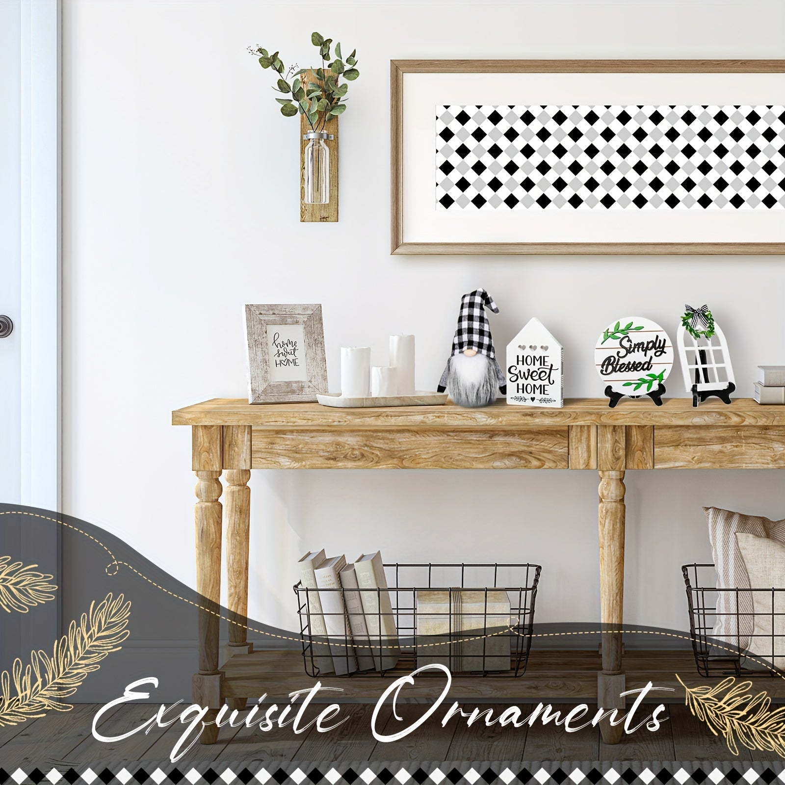 [Rustic Farmhouse Decor] 10 Pcs Black White Buffalo Plaid Farmhouse Decor | Gnome Wooden Mini Sign Rustic Table Ornaments With String Lights For Kitchen Table Decor, Housewarming Gift (Gnome Style)