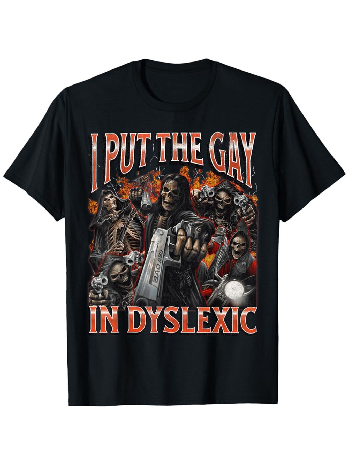 [100% Cotton Horror T-Shirt] 100% Cotton Horror Halloween Funny T-Shirt, I Put The Gay in Dyslexic Hard Skeleton Meme Bootleg | Comafortable Casual, Soft Breathable Short Sleeve Tee | Gifts for Men Women Parents and Friends,