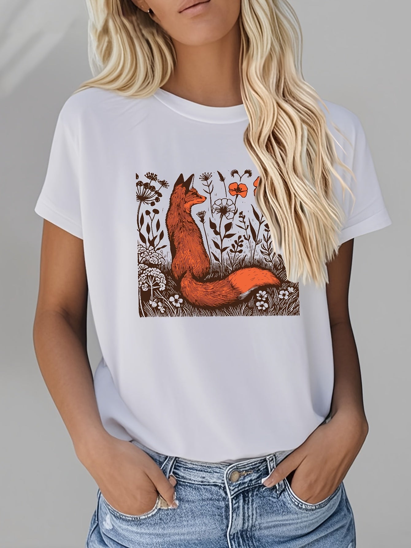 [Soft Cotton T-Shirt] Soft Cotton Women's Rustic Fox & Floral Graphic T-Shirt | High Elasticity Breathable Streetwear Top for Spring/Summer, Casual Daily Wear, Machine Washable Gift, Ladies T Shirts, Everyday Comfort, Streets