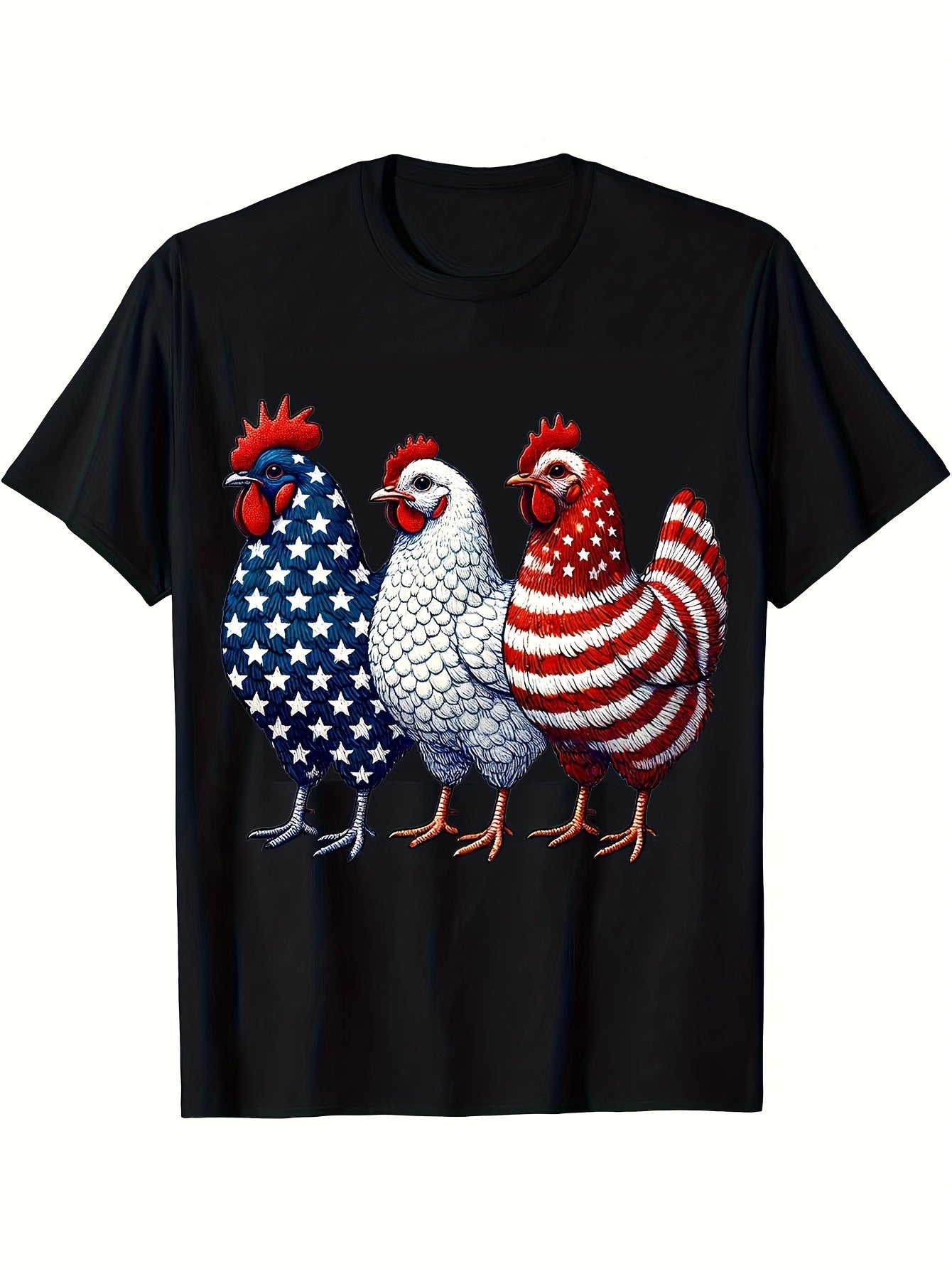 Men's Patriotic American Flag Chicken Graphic T-Shirt - 100% Cotton Loose Fit Casual Tee with Star Stripe Design, Machine Washable Round Neck Short Sleeve for Spring Summer Outdoor BBQ & Independence Day, Chicken Shirt, Summe