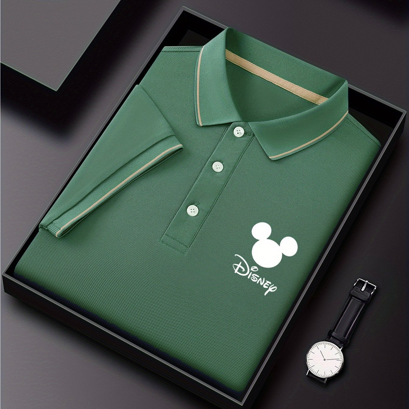 [Disney Genuine Authorized] Men's Classic Shirt One Disney Classic Shirt Cartoon Printing Advanced Business Casual, Short Sleeve Collar, Lightweight Polyester, Quick Drying and Breathable Golf Shirt, Packed in a Display Gift