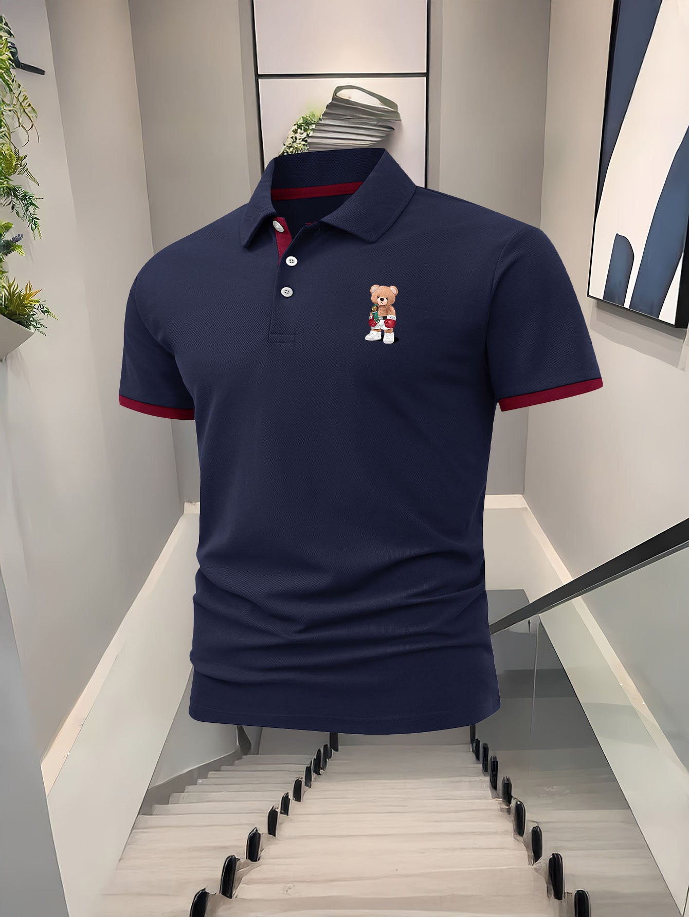 Fighting Little Bear Men'S Polo Shirt - Navy Blue with Red Collar & Cuffs, Cute Bear Graphic Print, Breathable Polyester Knit Fabric, Regular Fit Short Sleeve for Golf, Tennis, Running, Hiking, Casual Wear - Spring/Summer Ess