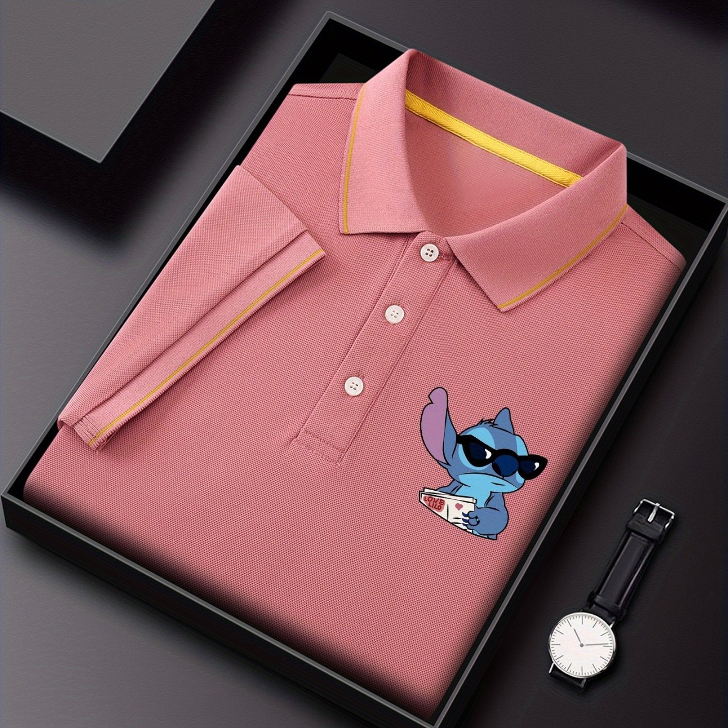 Disney Stitch Cool Glasses Print Short Sleeve Polo Shirt, Premium Business Casual, Short Sleeve Color Blocked Collar Design, Lightweight Polyester, Quick Drying and Breathable Golf Shirt, Polo Shirt, Displayed in Gift Box, Fa