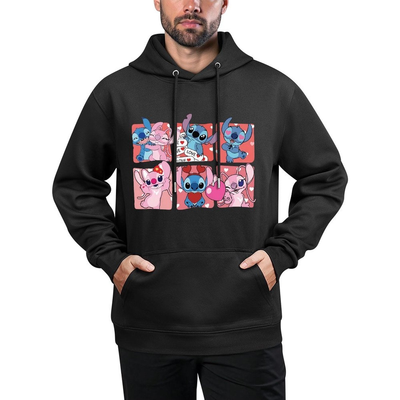 Disney Men's Black Retro Pullover Hoodie with Stitch & Angel Valentine's Digital Print, Soft Regular Fit Casual Sweatshirt, Machine Washable, Front Pocket, Disney Friends Graphic Design, Disney Hoodie, Durable Comfort Wear