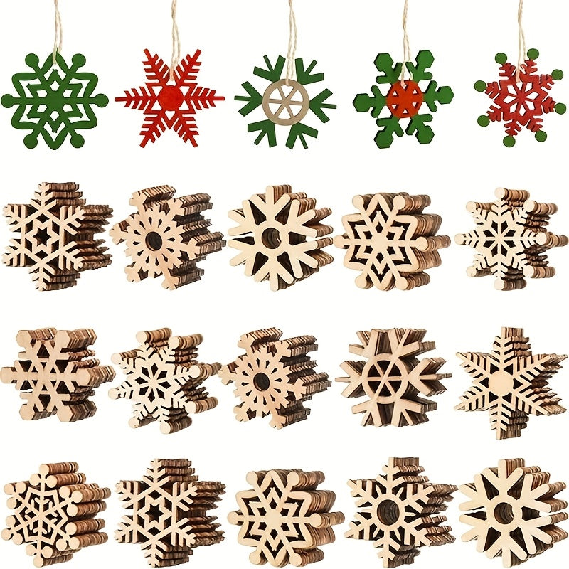 Unfinished Wooden Snowflake Ornaments - Blank Natural Wood Slices with Hanging Cords, Multi-Size & Style Christmas Decor for Xmas Tree, Holiday Party Favors, DIY Craft Embellishments (4th of July, Graduation, Independence Day