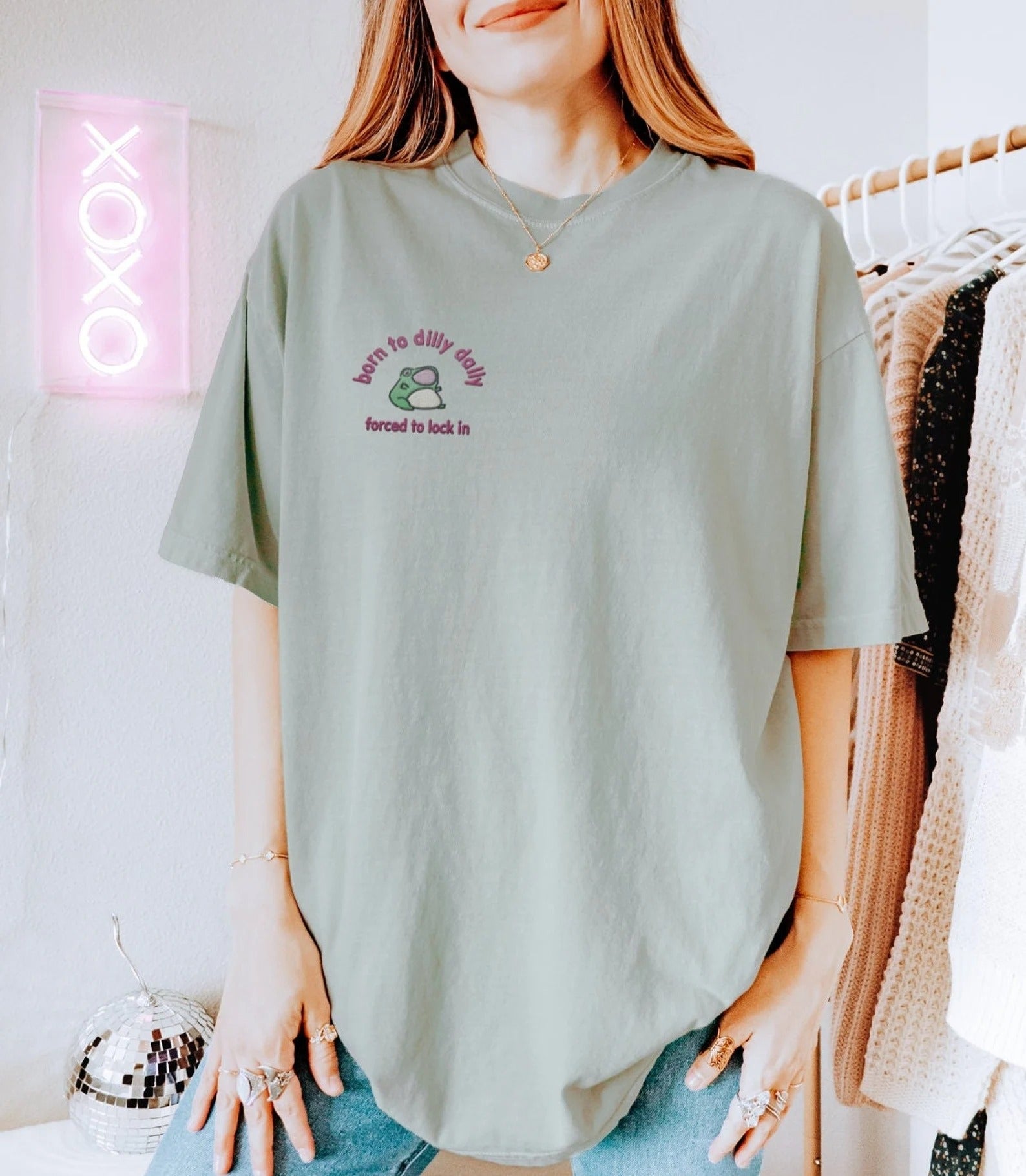 Born to Dilly Dally Cute Frog T-Shirt, Funny Minimalist Embroidered Shirt