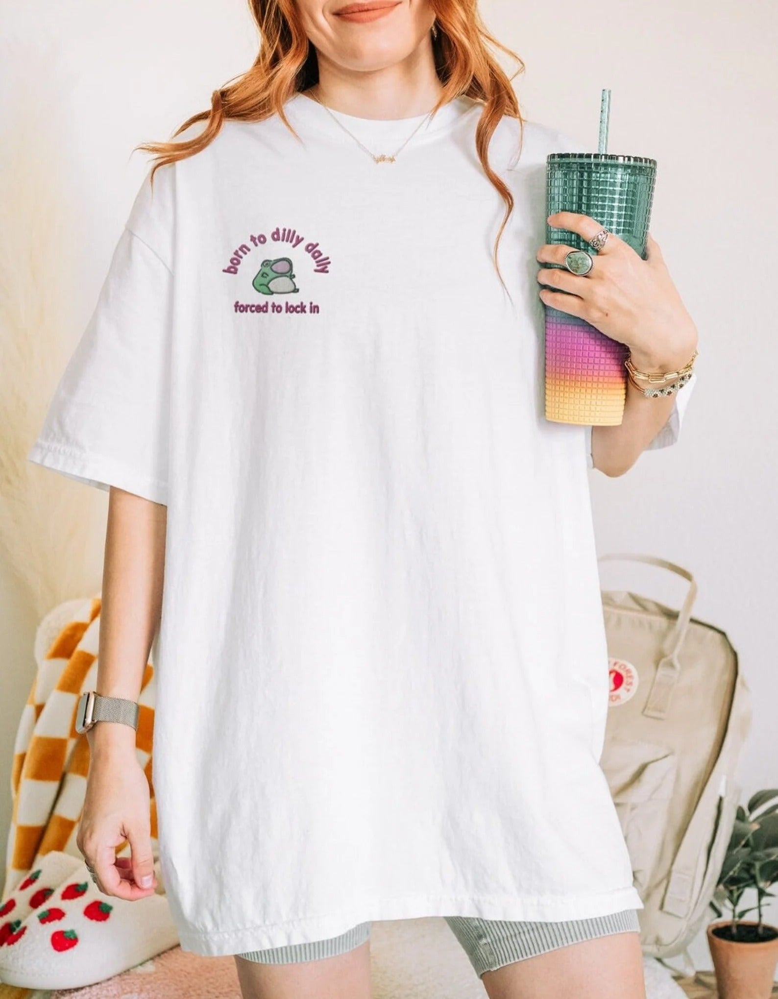 Born to Dilly Dally Cute Frog T-Shirt, Funny Minimalist Embroidered Shirt