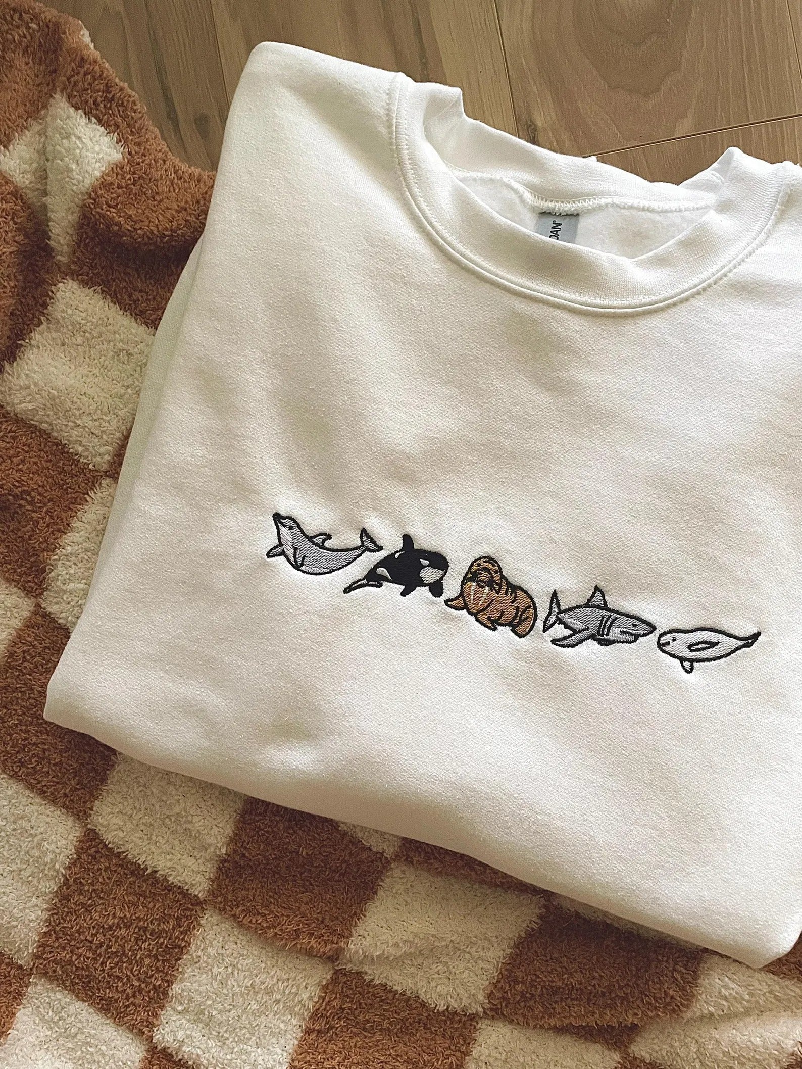 Orca, Dolphin, Beluga, Walrus, Shark Embroidered Crewneck Sweatshirt, Orca Whale Shirts, Embroidered Ocean Wildlife Shirt, Trendy Ocean Tee