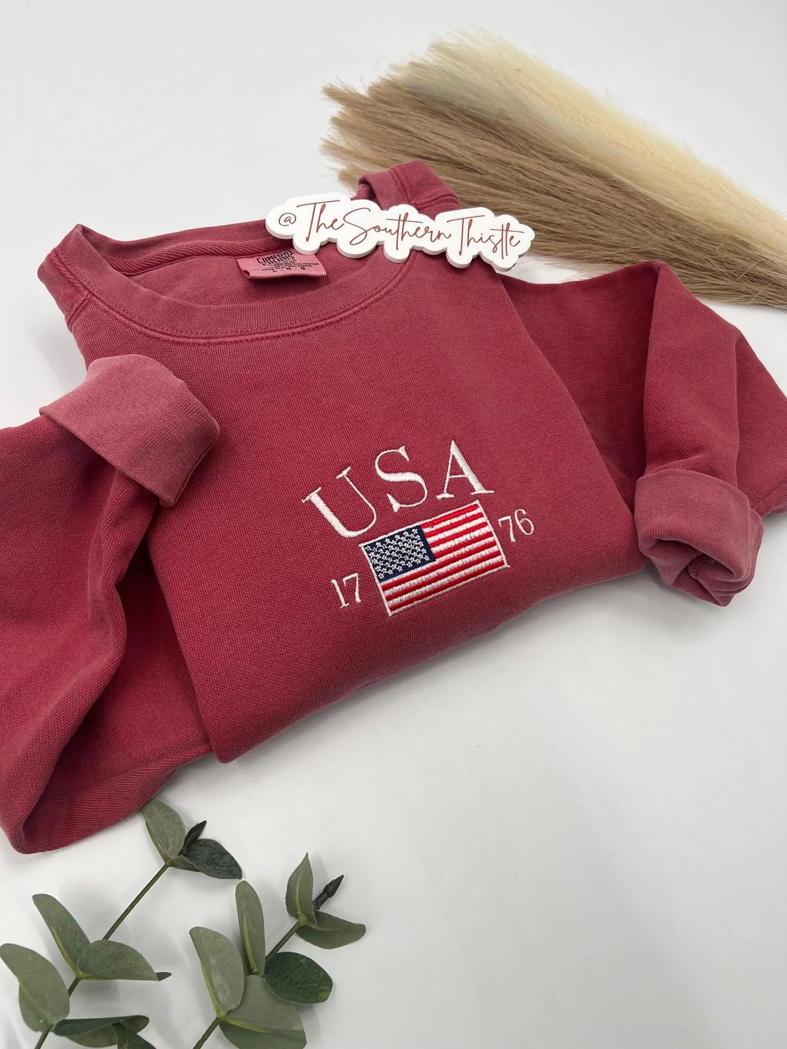 Embroidered USA Crewneck Sweatshirt, Personalized American Apparel, Custom Embroidery, Patriotic Gift American Flag Design