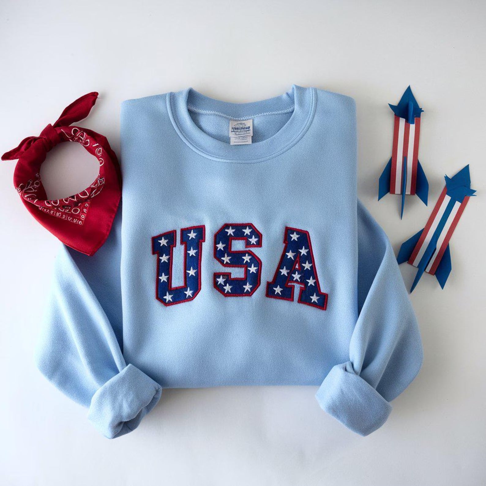 USA Star Embroidered Sweatshirt, 4th of July Patriotic Crewneck,Red White Blue Stars Shirt,American Flag Aesthetic Top,Independence Day Gift