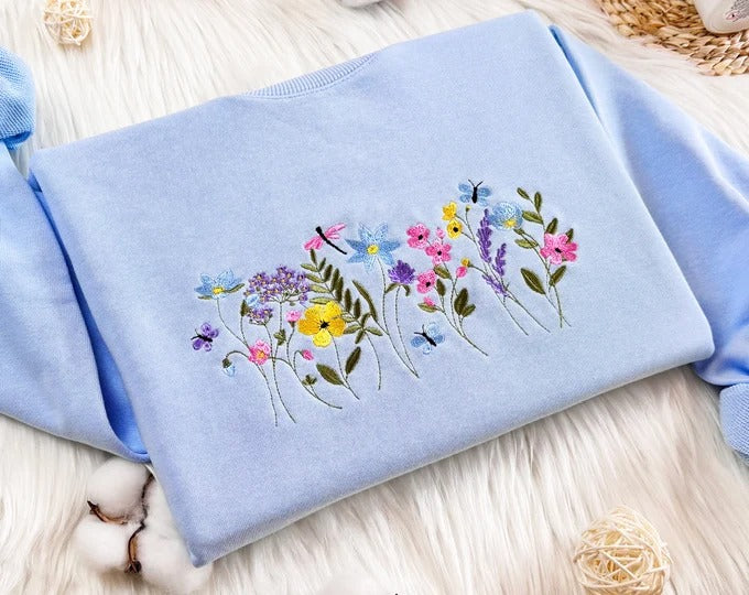 Floral Geese Sweatshirt Lightweight ComfortWash Yellow Spring Goose Embroidered Gift for Her Flowers