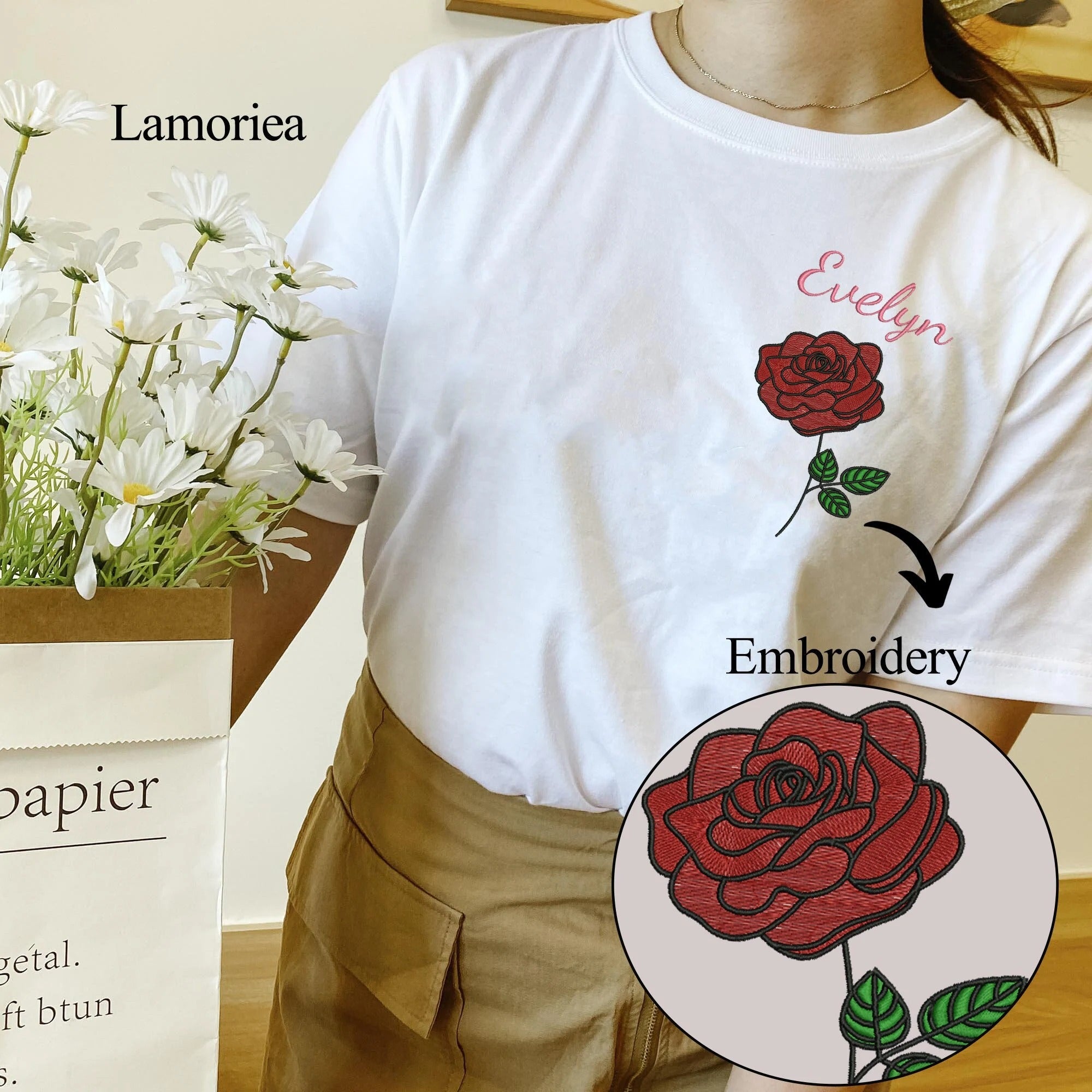 Custom Floral Embroidery Shirt, Birth Month with Name, Birth Floral Tee, Gifts for Mom, Gifts for Wife, Gifts for Her, Birthday Gifts