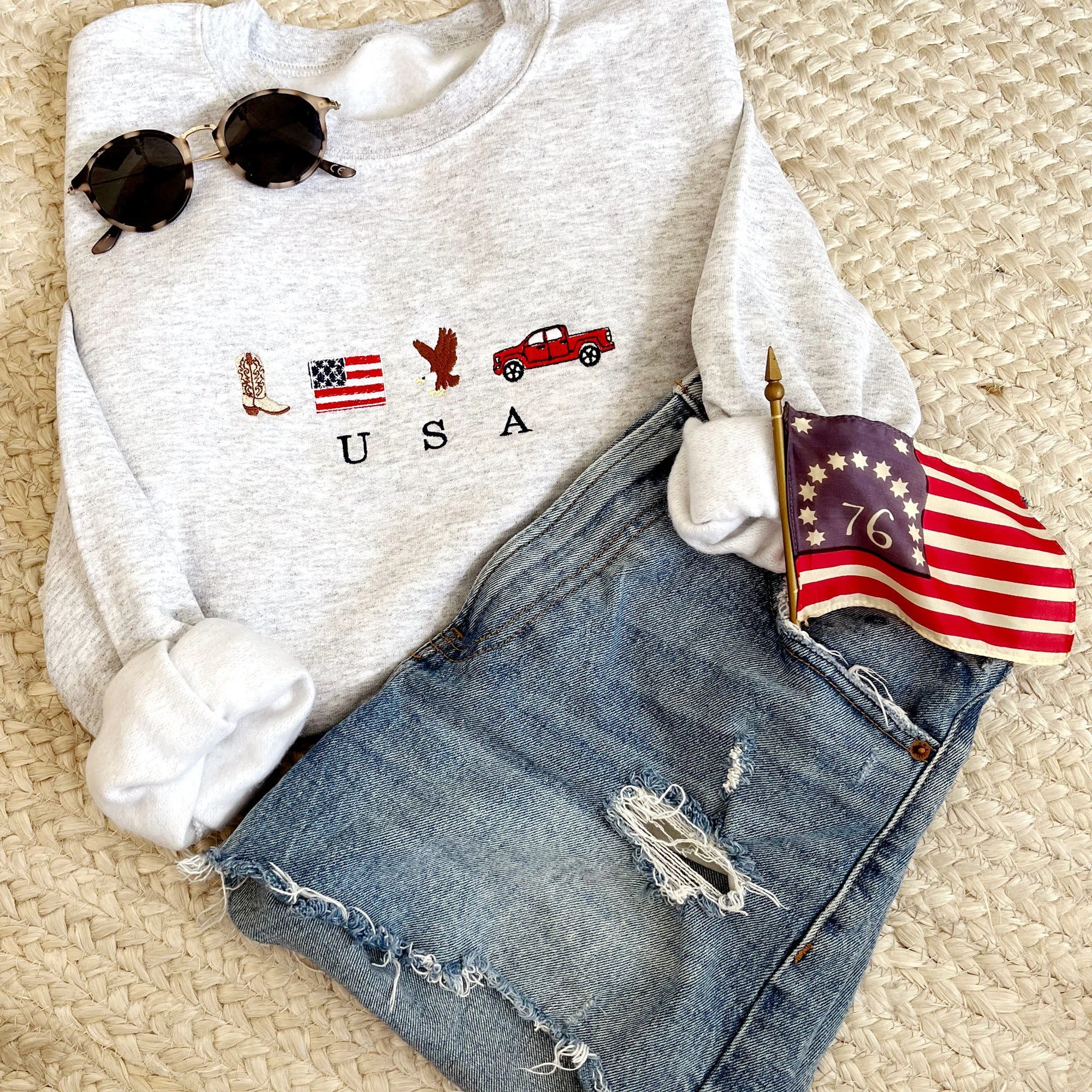 USA Embroidered Icons Crewneck Sweatshirt | America Sweatshirt | 4th of July crewneck | Country, Western, Cowboy Sweatshirt