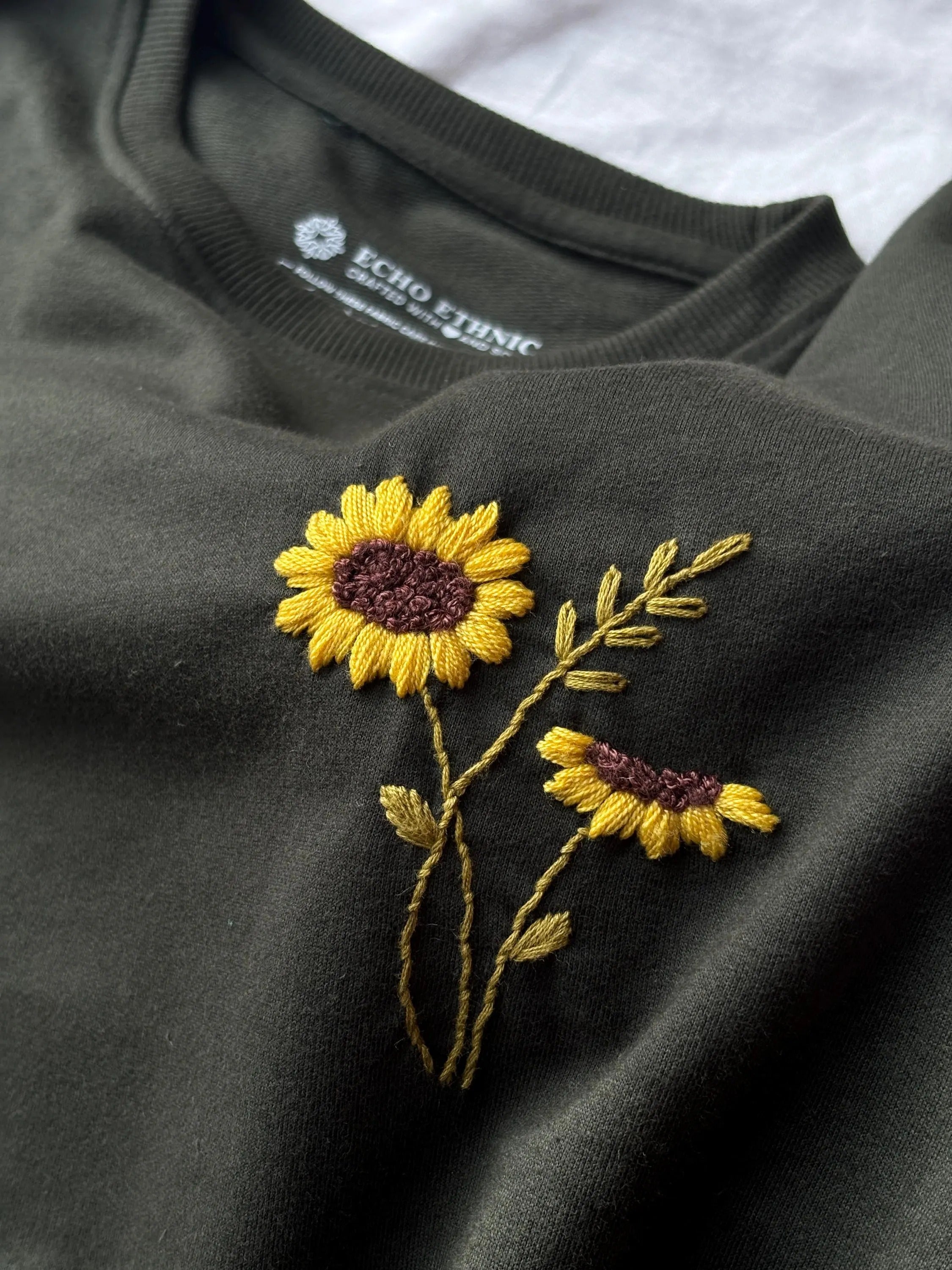 Hand Embroidered Sunflower Oversize T Shirt Unisex , Custom Tee, Personalized Embroidered T Shirt Dark Green Cotton T-Shirt , Unisex Tee