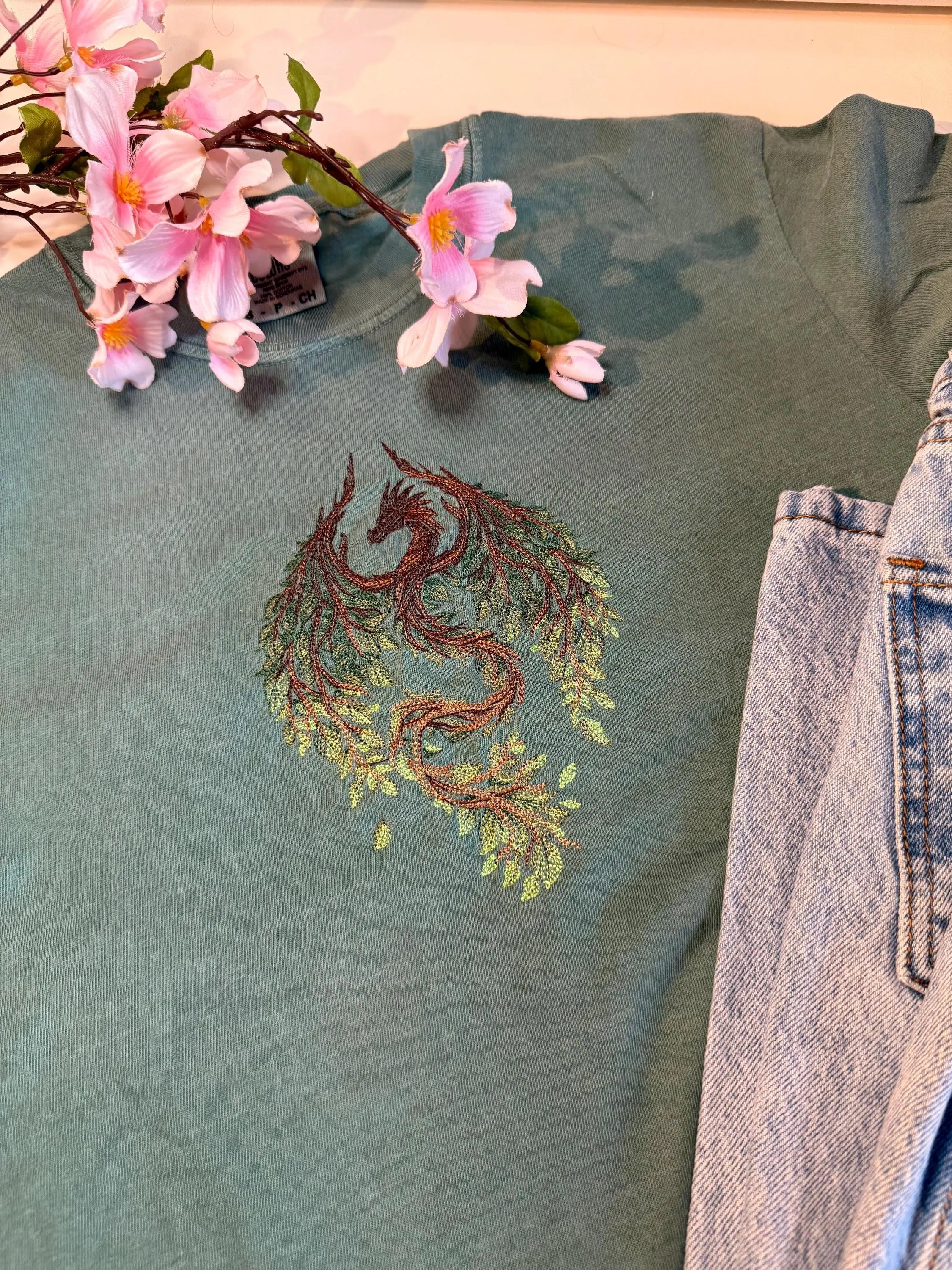 Summer Botanicals Nature Dragon Embroidered Tee | Fantasy T-Shirt
