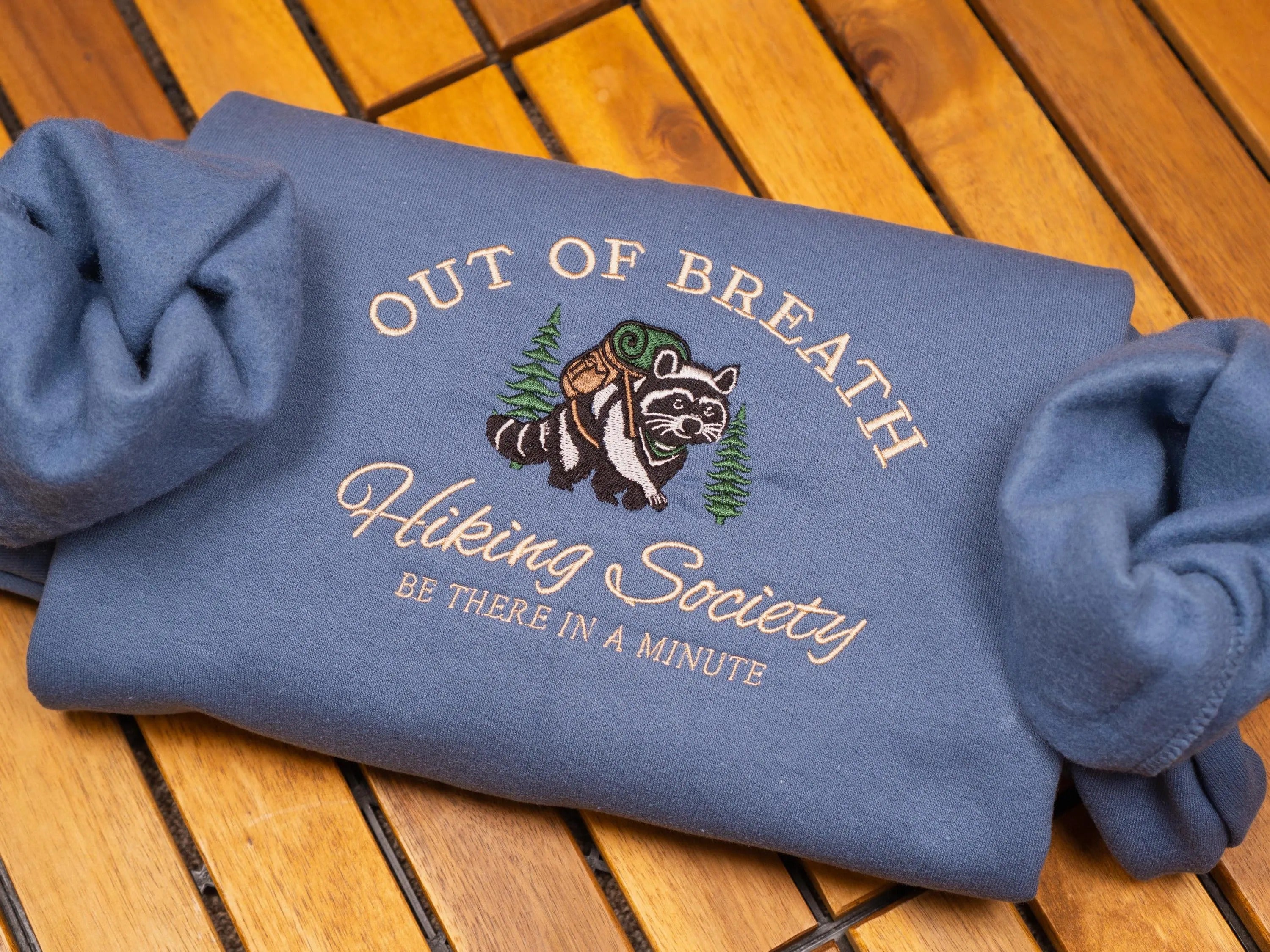 Out of Breath Hiking Society Embroidered Sweatshirt, Funny Hiking Crewneck, Raccoon Trash Panda Shirt, Nature Lover Sweater
