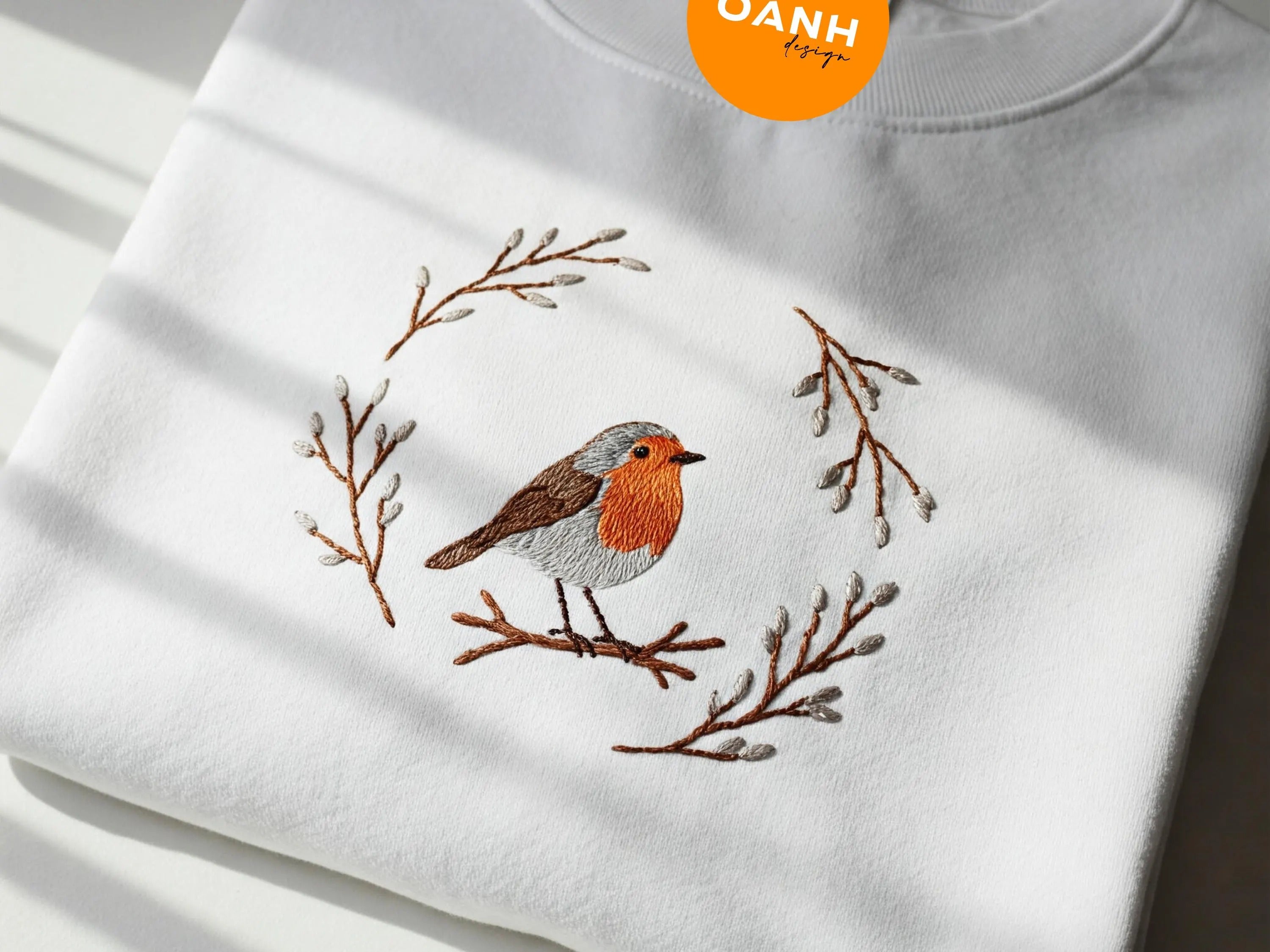 Embroidered Bird Shirt, Cute Bird Nest Tee, Minimalist Bird Lover T-Shirt, Watercolor Branches, Sparrow Embroidery Tee image