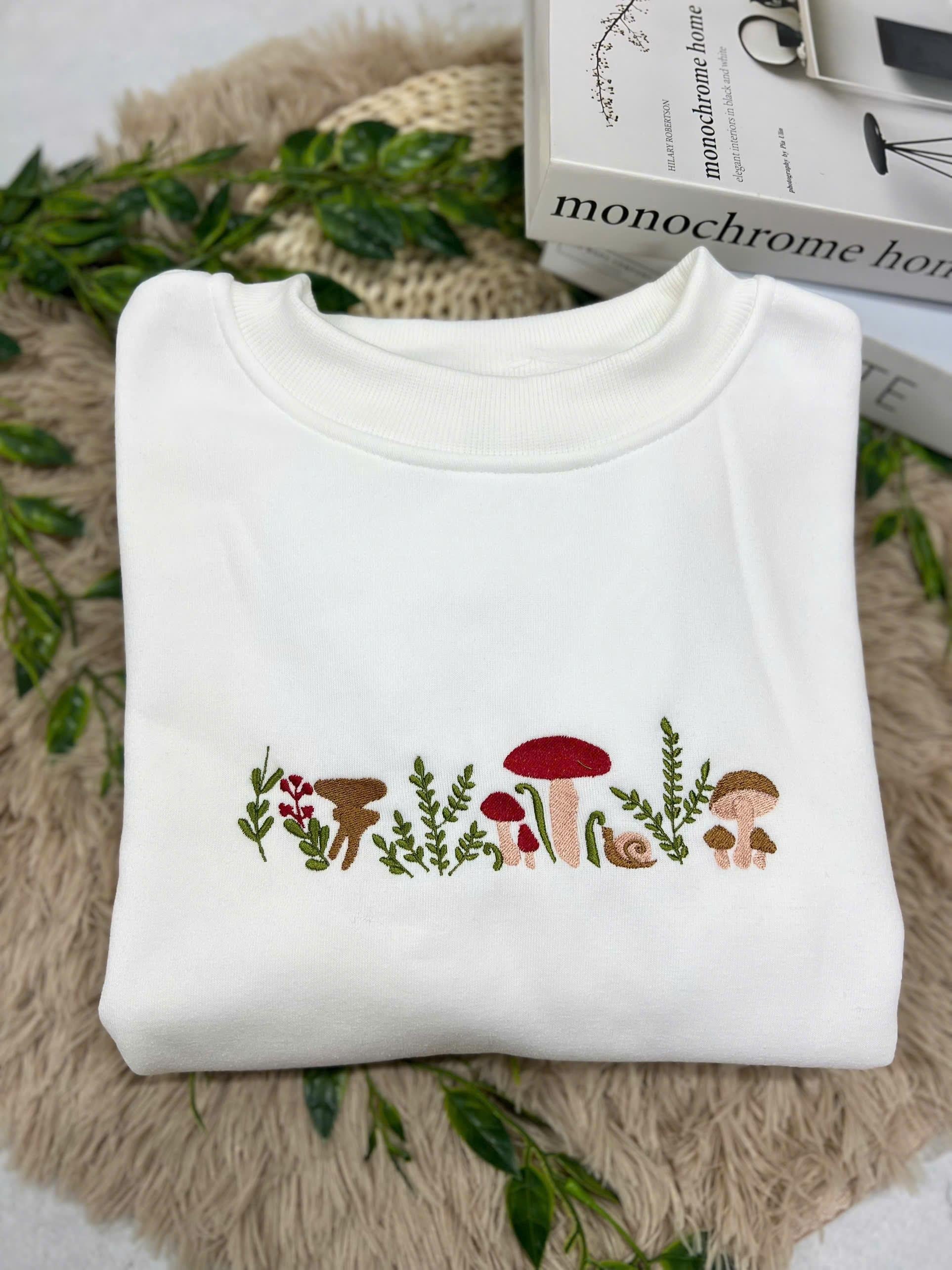 Mushrooms Embroidered Sweatshirt | Mushrooms Embroidered T-shirt | Mushrooms Embroidered Hoodie | Mushrooms Sweater | Crew Neck Sweatshirt