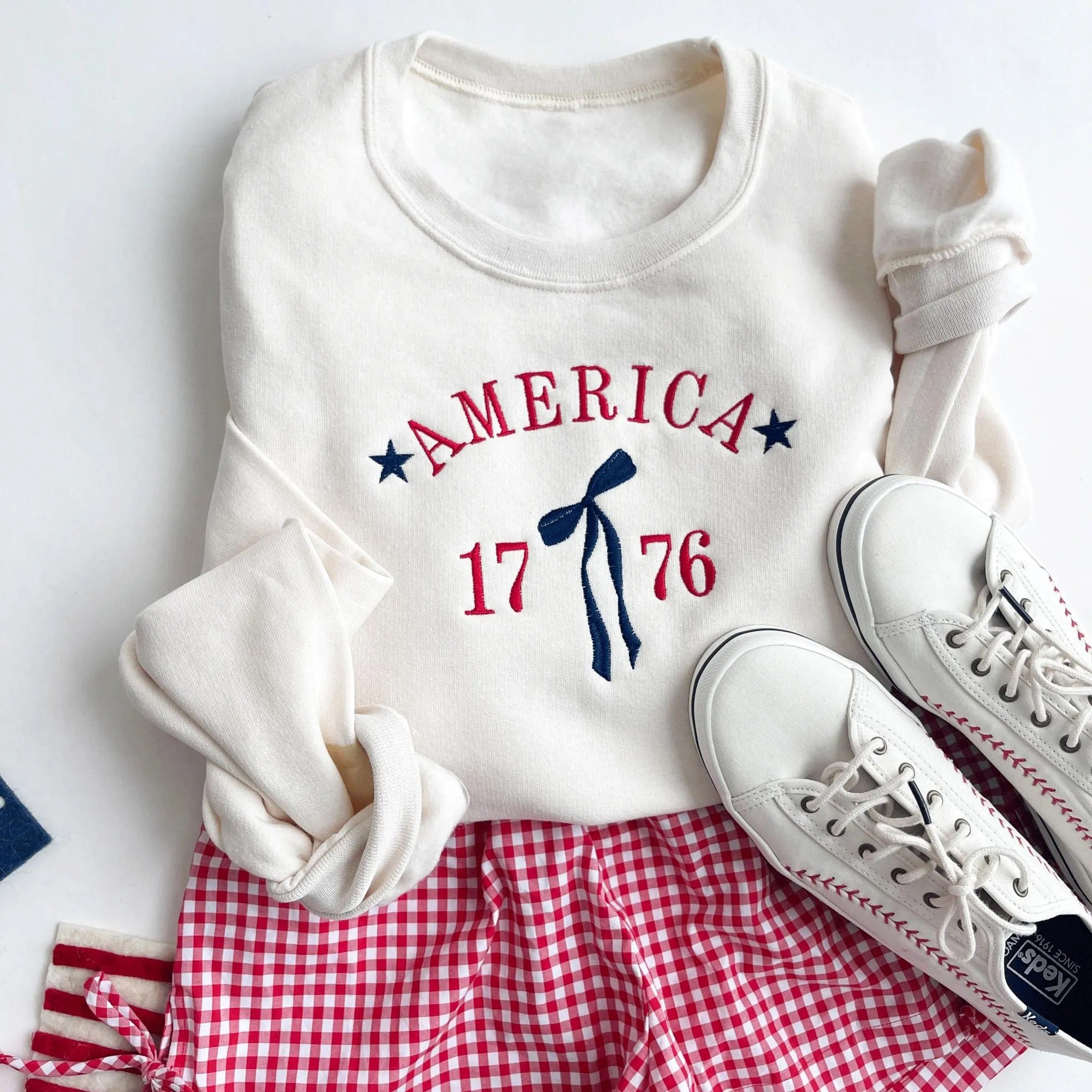 Embroidered Coquette Bow 1776 Crewneck Sweatshirt | Cute Americana Independence Day, 4th of July Top | Patriotic Cute Top | 4th-Of-July Tee