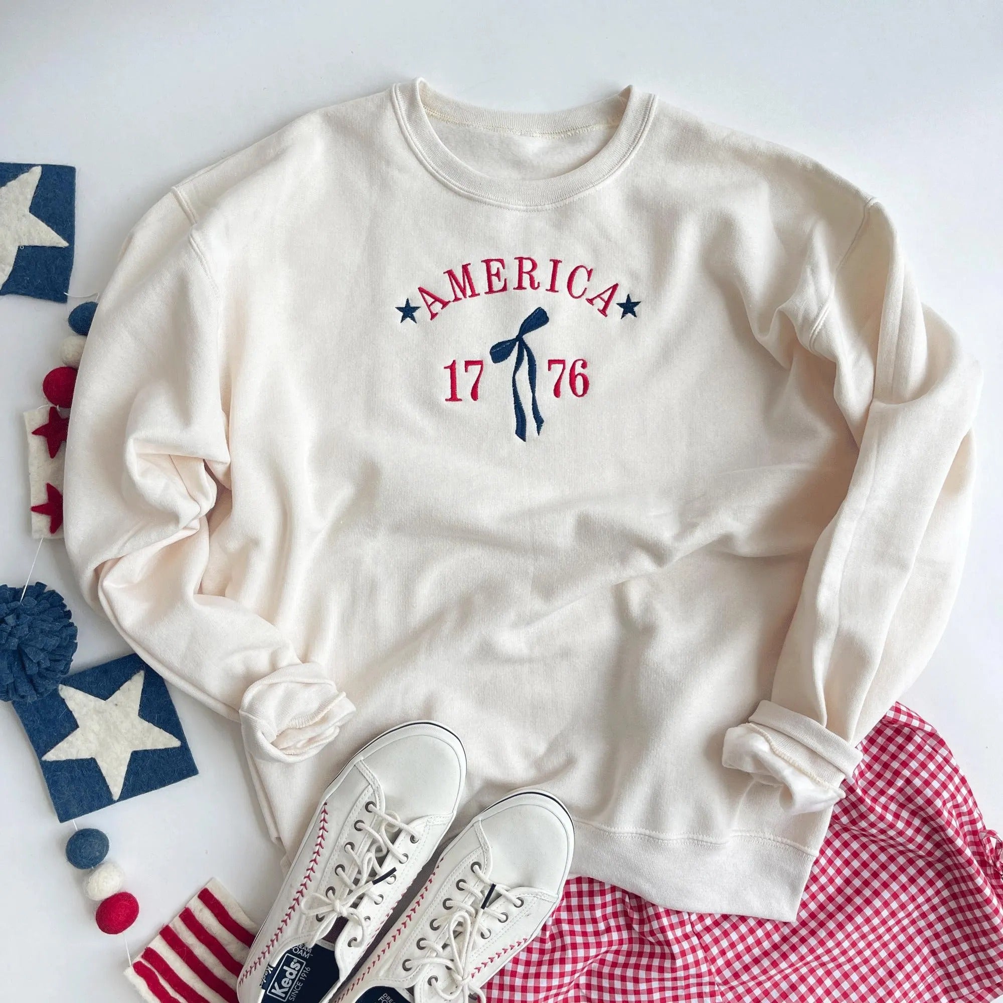 Embroidered Coquette Bow 1776 Crewneck Sweatshirt | Cute Americana Independence Day, 4th of July Top | Patriotic Cute Top | 4th-Of-July Tee