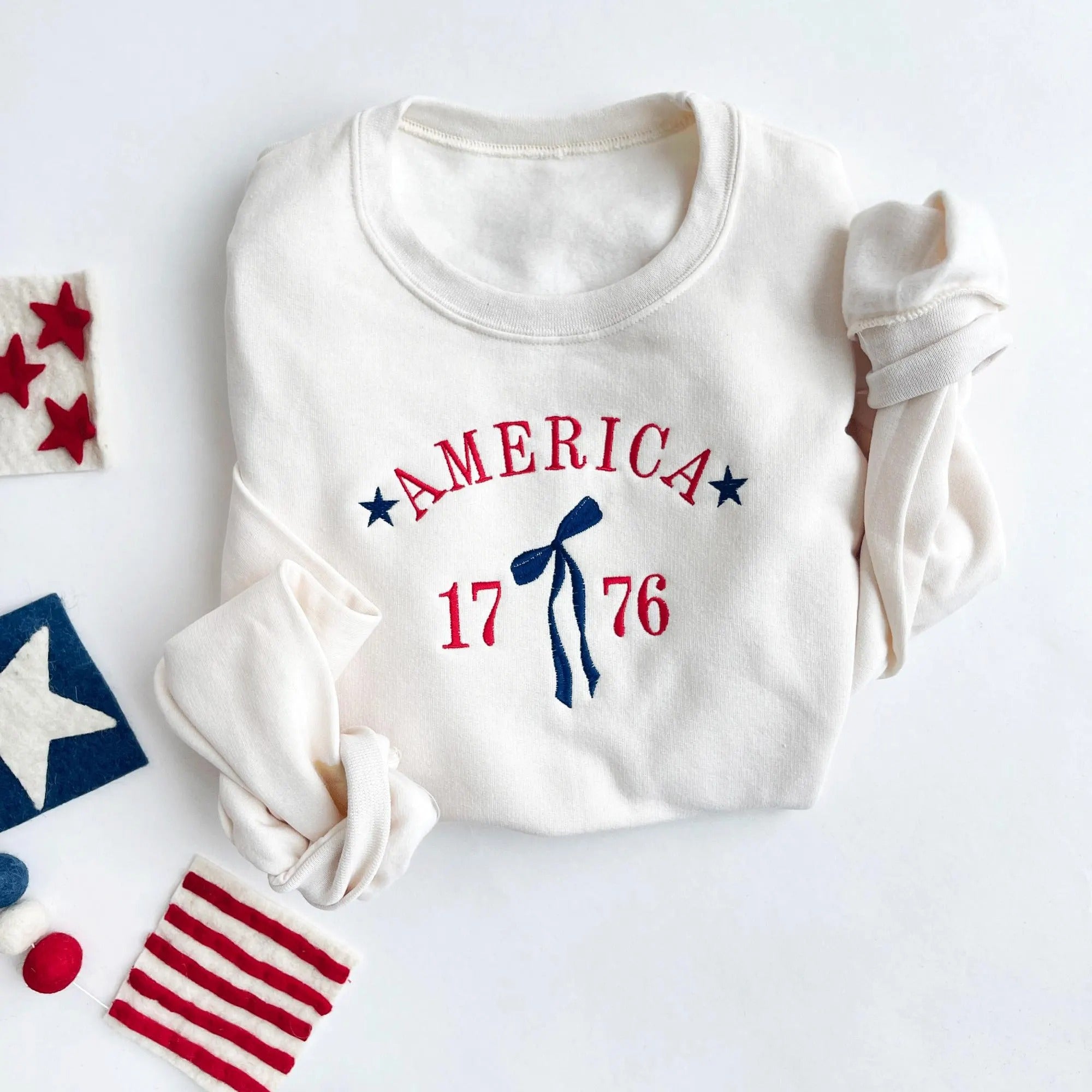 Embroidered Coquette Bow 1776 Crewneck Sweatshirt | Cute Americana Independence Day, 4th of July Top | Patriotic Cute Top | 4th-Of-July Tee