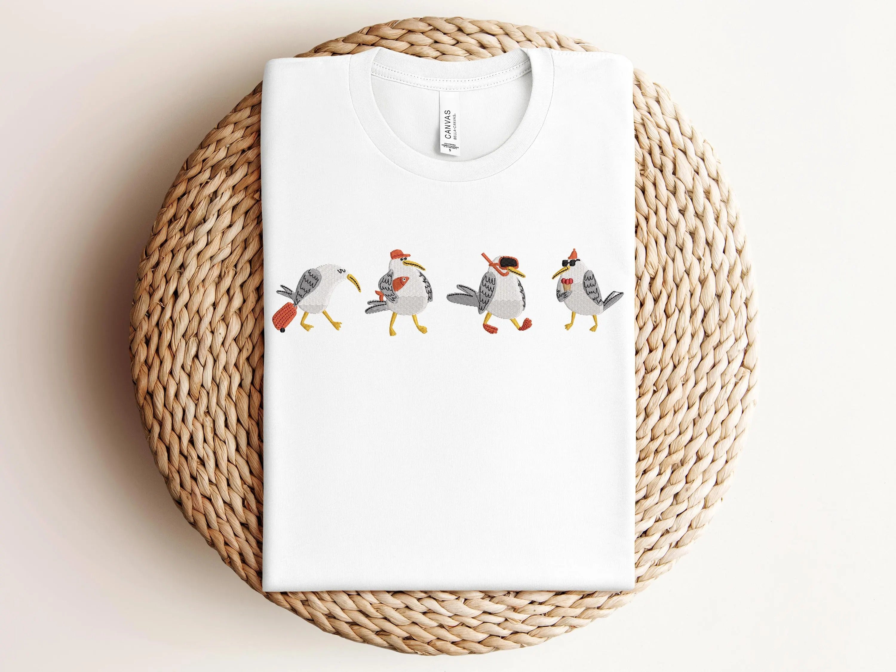 Embroidered Funny Seagull Shirt – Cute Summer Beach Tee with Coastal Vibe – Unique Gift for Ocean Lovers & Bird Embroidery Fans