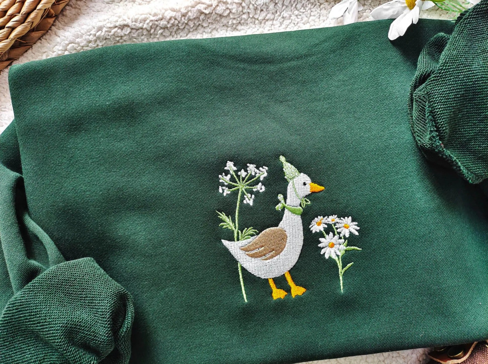 Cute Duck Embroidered T-Shirt, Duck And Flowers Sweatshirt, Duck Lover Embroidery Hoodie, Cottagecore Duck Shirt