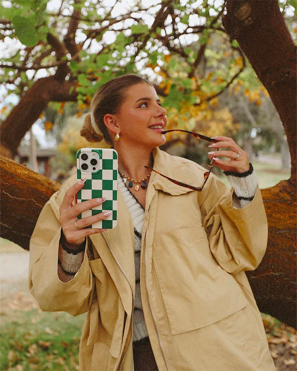 Casely iPhone Case | Fit Check | Green Checkerboard Case | Subtle Check Design Case Compatible with MagSafe