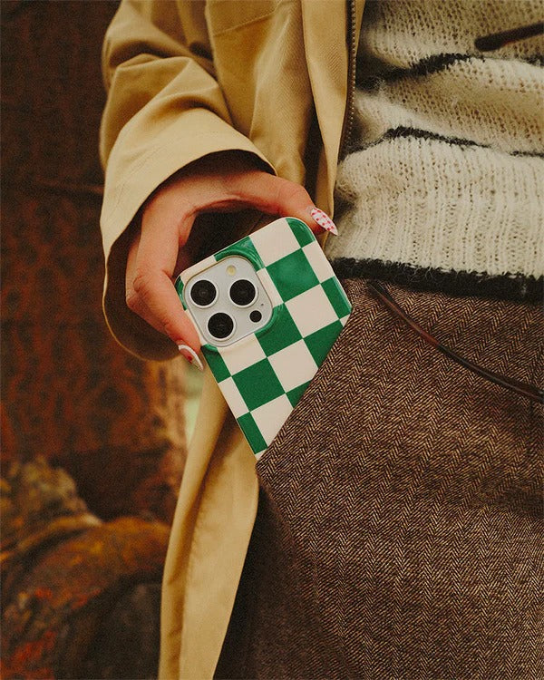 Casely iPhone Case | Fit Check | Green Checkerboard Case | Subtle Check Design Case Compatible with MagSafe