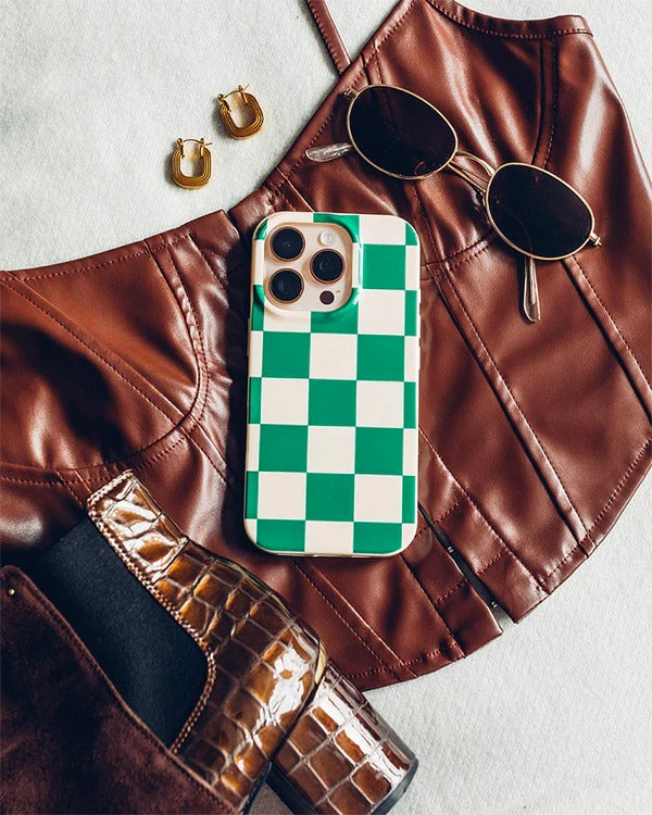 Casely iPhone Case | Fit Check | Green Checkerboard Case | Subtle Check Design Case Compatible with MagSafe