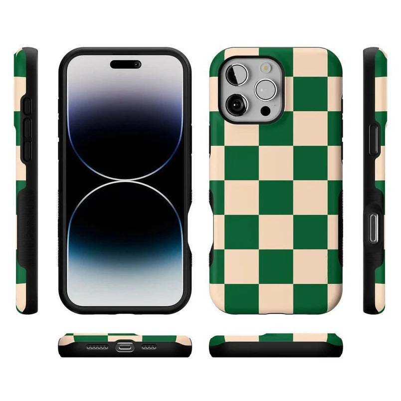 Casely iPhone Case | Fit Check | Green Checkerboard Case | Subtle Check Design Case Compatible with MagSafe