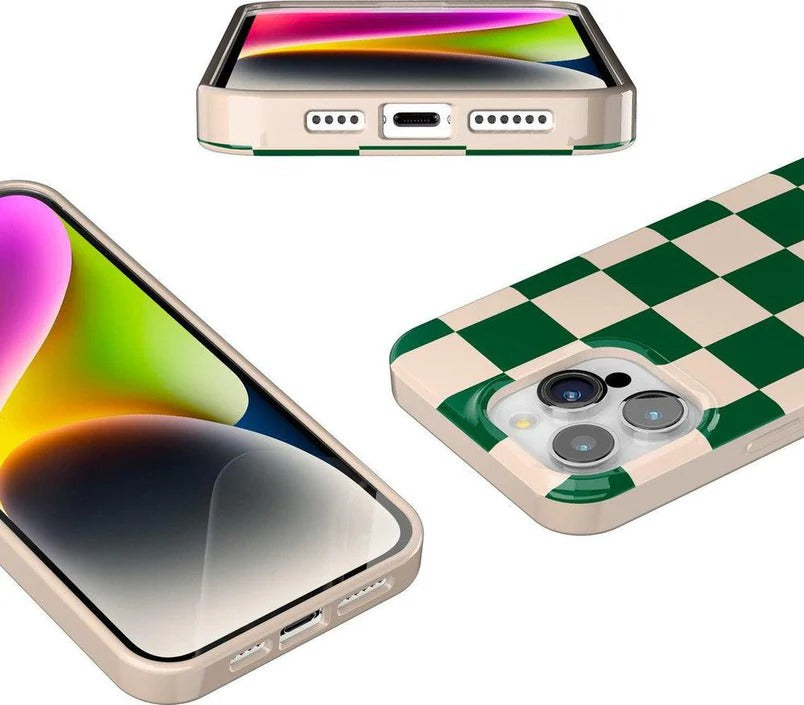 Casely iPhone Case | Fit Check | Green Checkerboard Case | Subtle Check Design Case Compatible with MagSafe