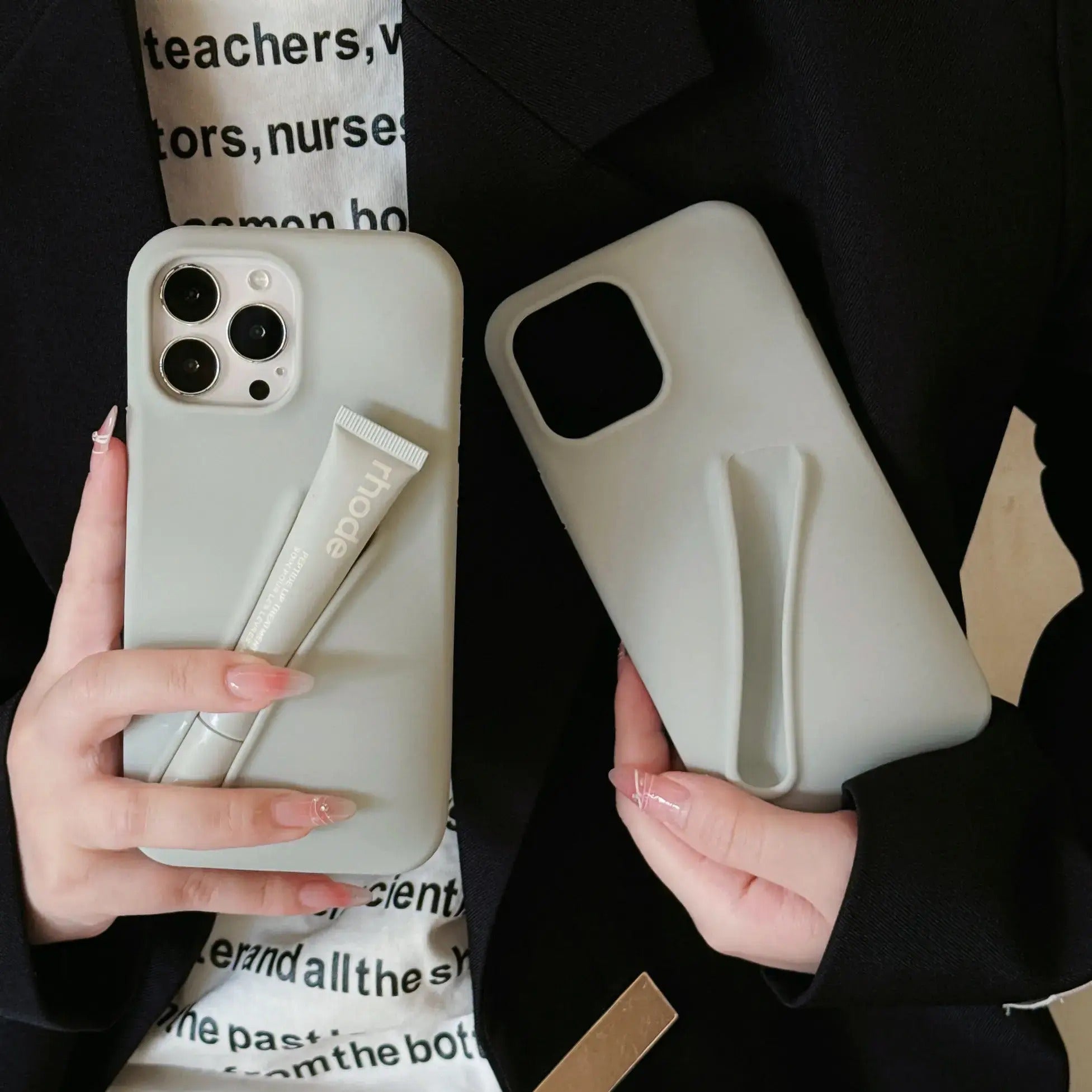 DIY Rhode Grey Soft Silicone Lipstick Phone Case For iPhone 16 15 14 13 12 11 Pro Max Plus Portable Lip Gloss Holder Ins Hot Cover