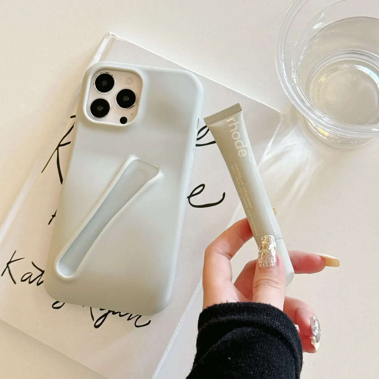 DIY Rhode Grey Soft Silicone Lipstick Phone Case For iPhone 16 15 14 13 12 11 Pro Max Plus Portable Lip Gloss Holder Ins Hot Cover